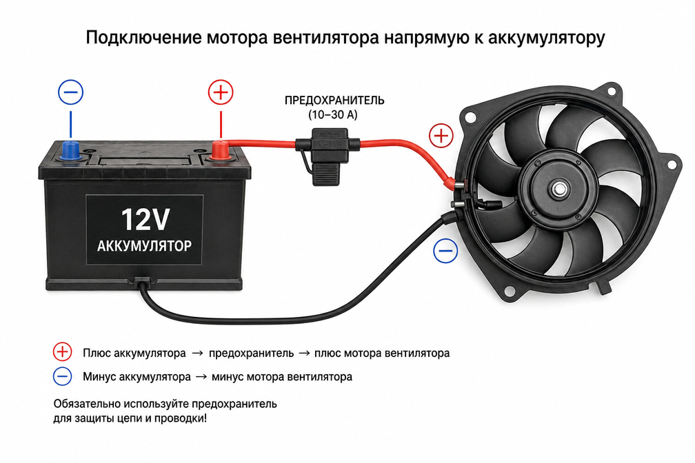 подключение мотора вентилятора напрямую к аккумулятору