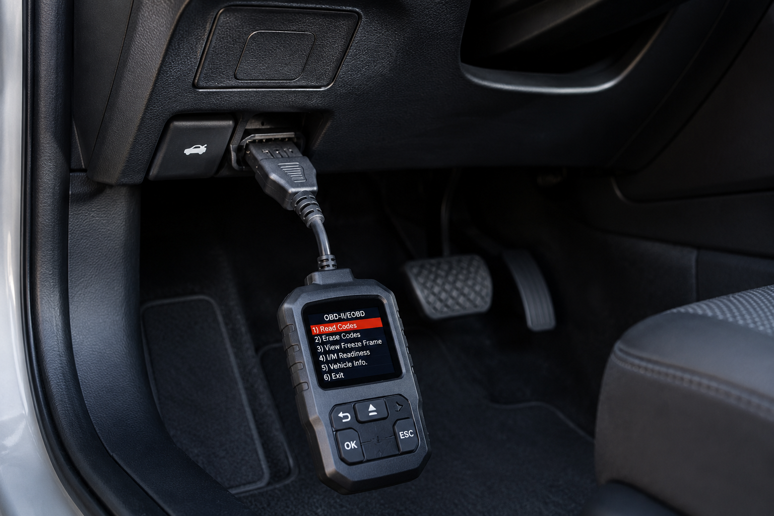 OBD-II сканер подключенный к разъему в автомобиле