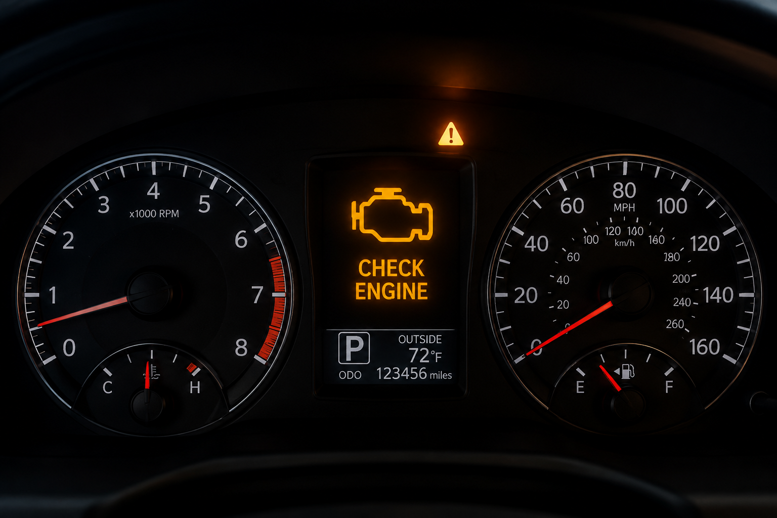 приборная панель автомобиля с горящей ошибкой Check Engine