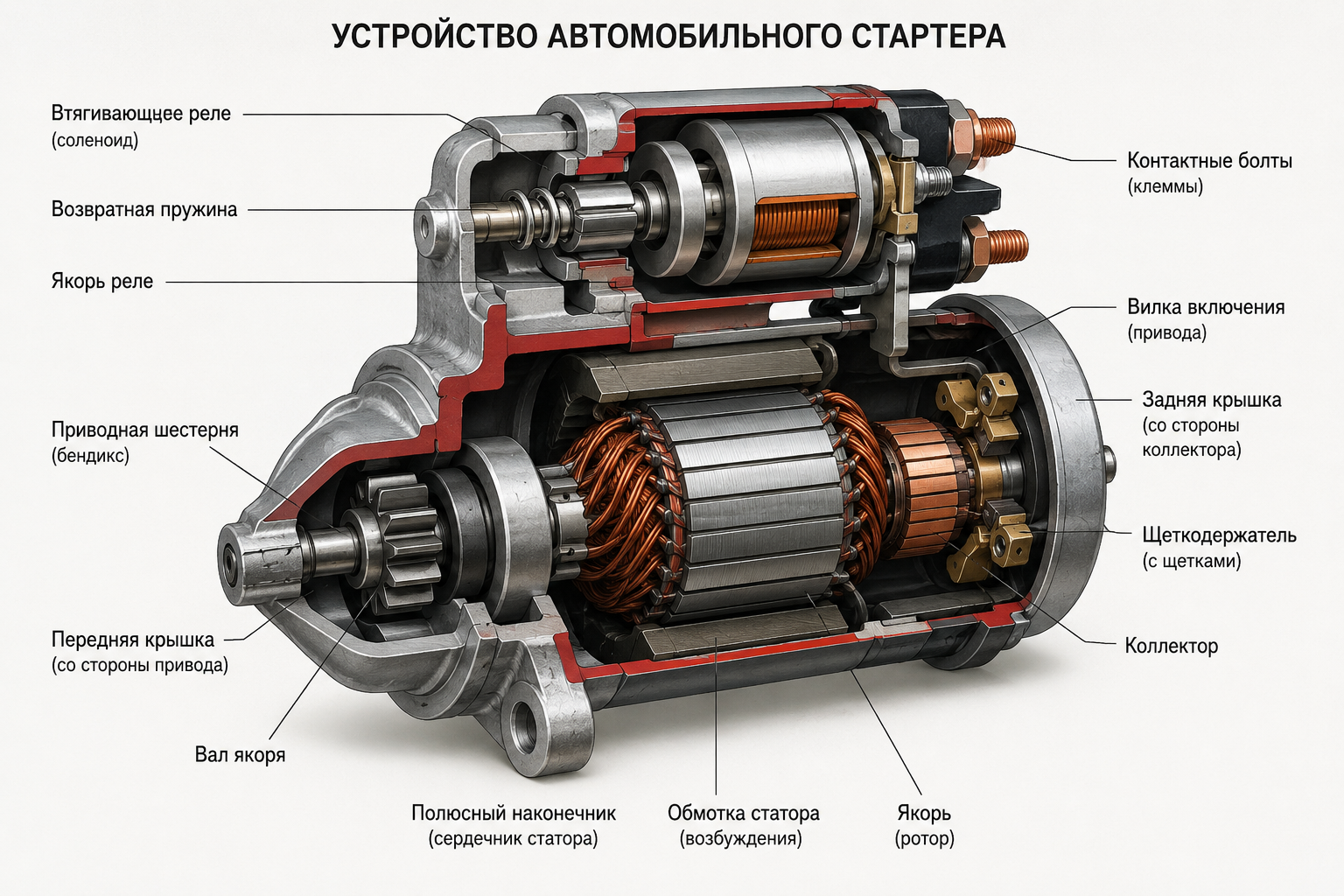 устройство автомобильного стартера в разрезе