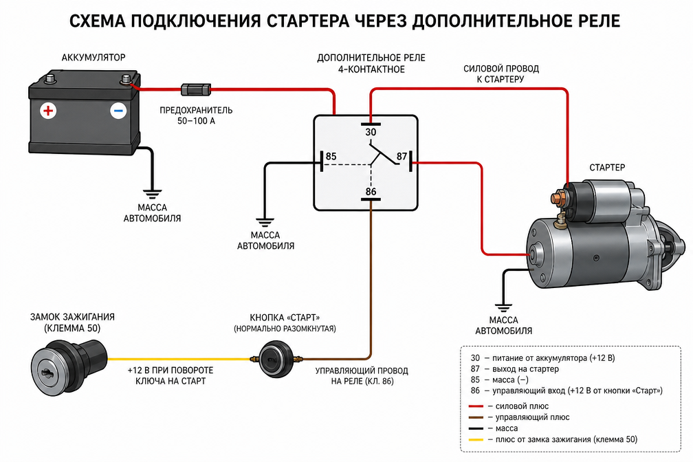 схема подключения стартера через дополнительное реле