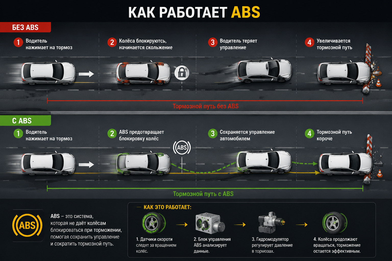 работа антиблокировочной системы тормозов ABS