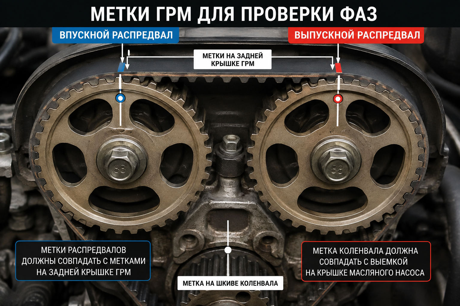 метки ГРМ на шкивах двигателя для проверки фаз