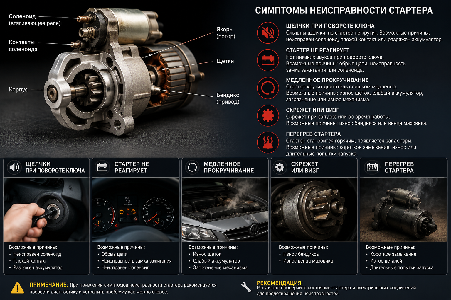 автомобильный стартер с симптомами неисправности