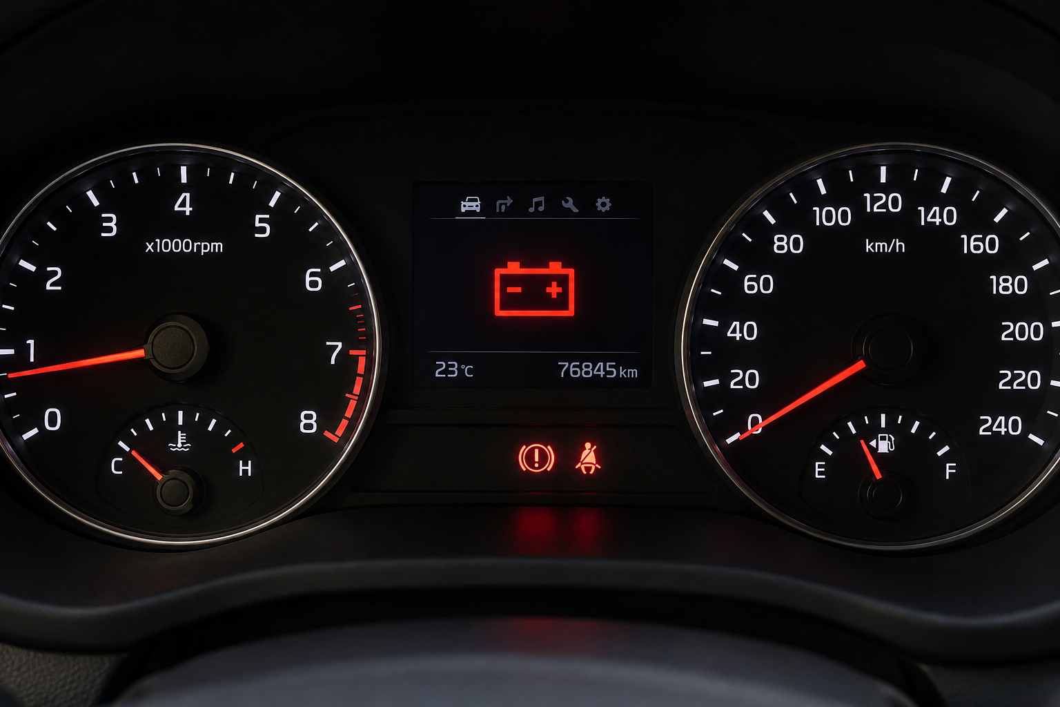 приборная панель автомобиля с горящим индикатором аккумулятора