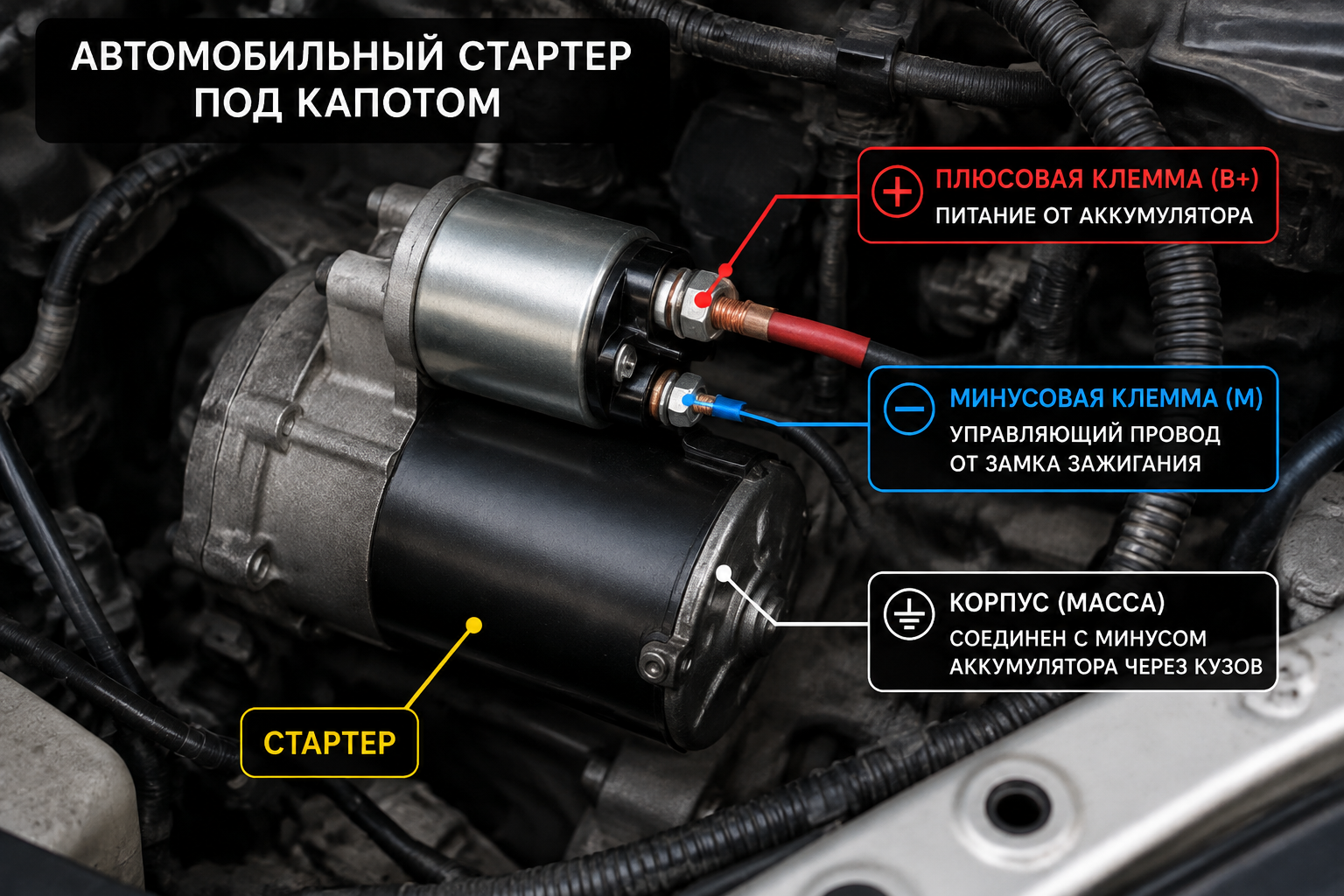 автомобильный стартер под капотом с обозначением клемм