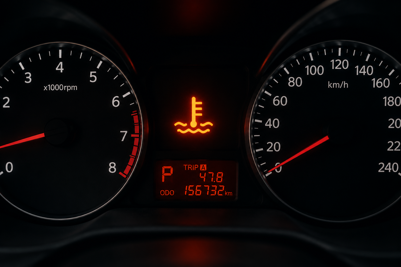 приборная панель автомобиля с горящим значком перегрева двигателя
