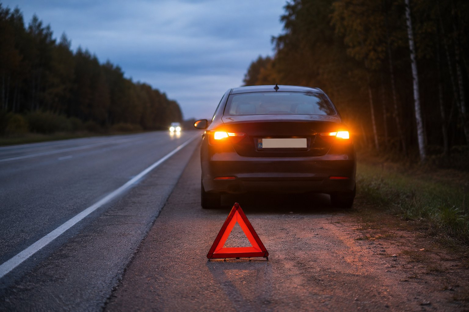 автомобиль с включенной аварийной сигнализацией на обочине дороги