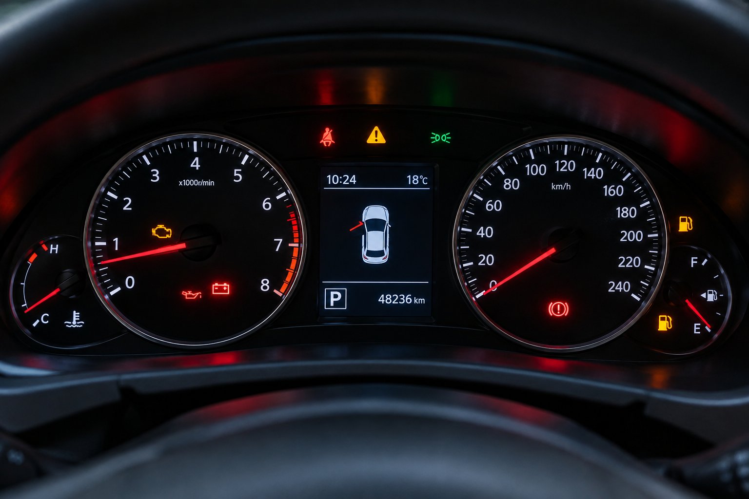 приборная панель автомобиля с горящими индикаторами
