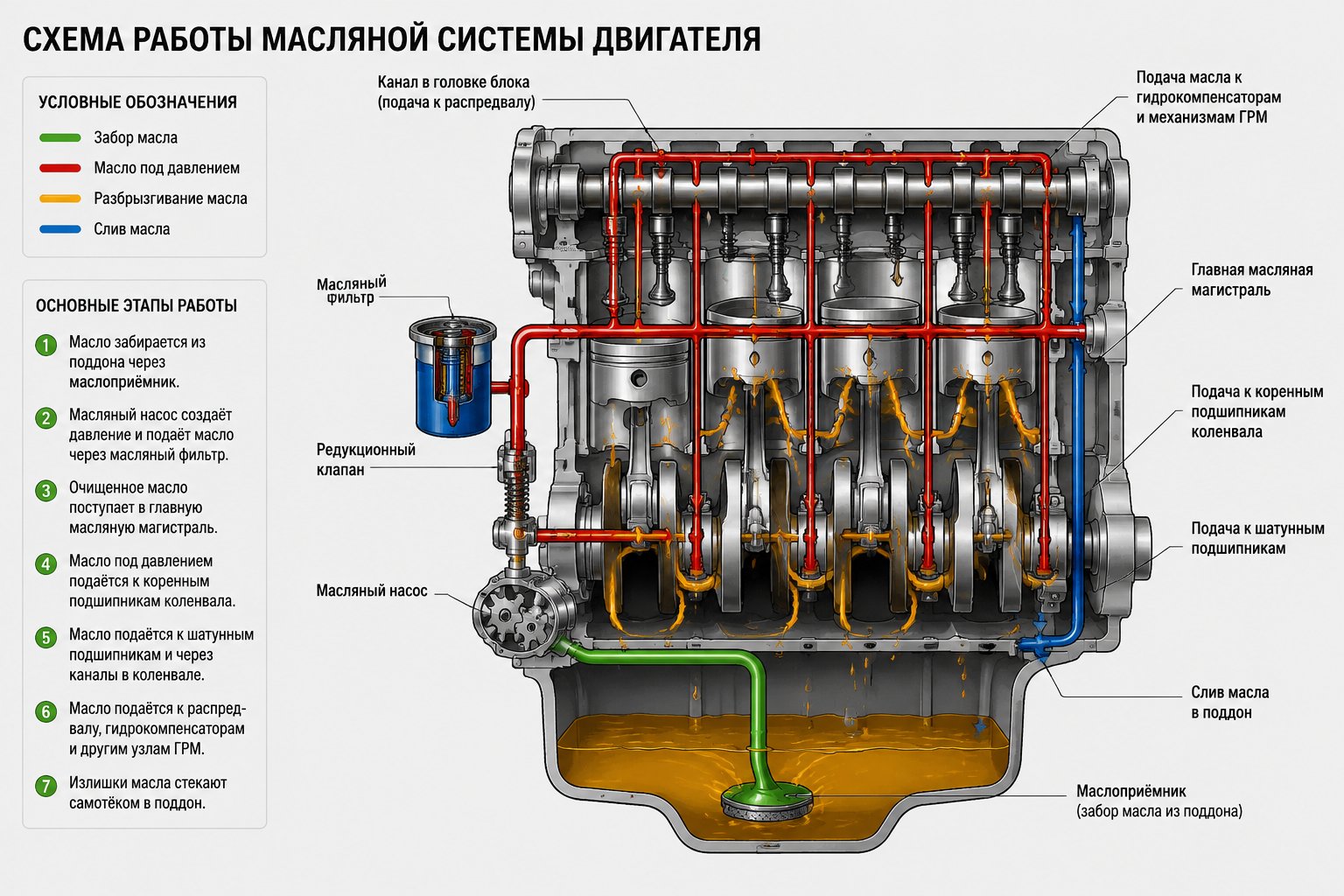 схема работы масляной системы двигателя автомобиля